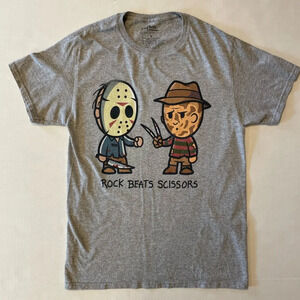 Nightmare On Elm Street Rock Beats Scissors Jason Freddy Gray Tee T-shirt Size S
